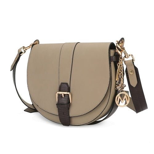 Ayla Snake Embossed Color Block Vegan Leather Handbag - Beige