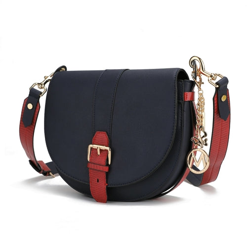 Ayla Snake Embossed Color Block Vegan Leather Handbag - navy